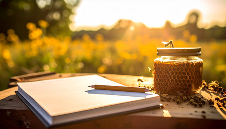 A blank notebook and pencil rest on a rustic wooden table, awaiting creative thoughts in the warm glow of the golden hour. Beside it, a jar of fresh honey, with a single bee on its lid, symbolizes the sweet, natural inspiration found in a peaceful countryside field at sunrise.の素材