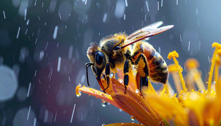 In a stunning display of resilience, a tiny honeybee clings to a vibrant yellow flower, undeterred by a sudden downpour. Each glistening raindrop highlights the delicate beauty and immense perseverance found in nature, symbolizing survival against the elements.の素材