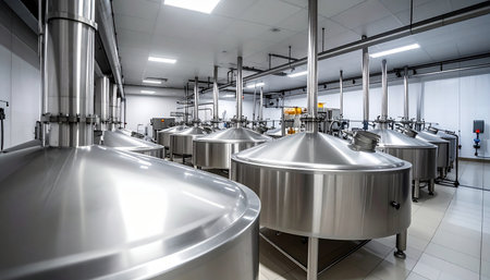 Rows of gleaming stainless steel fermentation tanks stand in a pristine, modern brewery. This is the heart of craft beer production, where technology and tradition merge to create high-quality alcoholic beverages with precision and care.の素材
