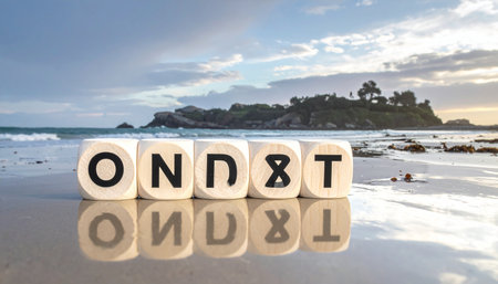 Wooden blocks with jumbled letters rest on the wet sand, their reflection shimmering as the sun rises over a tranquil ocean. The unsolved puzzle represents a new days challenge, a search for meaning, or the beginning of a creative solution against a peaceful coastal backdrop.の素材