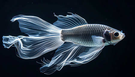 A solitary, luminous fish glides through the silent darkness, its magnificent, veil-like fins trailing behind like a ghostly whisper. This image captures a moment of serene beauty and quiet mystery in the deep, evoking a sense of tranquility and otherworldly elegance.の素材
