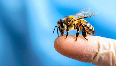 In a controlled laboratory setting, a scientist or veterinarian gently holds a single honey bee on their gloved fingertip. This macro shot captures the delicate interaction, symbolizing research, conservation efforts, and the fragile balance between humanity and nature.の素材