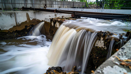 A powerful cascade of water churns through a concrete basin in a long-exposure shot, capturing the dynamic motion of the purification process. This image highlights the critical infrastructure of a modern wastewater treatment plant, symbolizing environmental management, sanitation, and the cycle of renewal for community health.の素材
