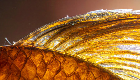 A stunning macro photograph capturing the intricate, shimmering detail of a golden fishs dorsal fin and scales. The light catches the delicate fin rays and textured scales, creating an abstract pattern of natural luxury and elegance.の素材