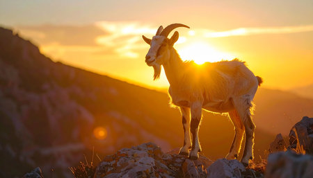 A majestic mountain goat stands proudly atop a rocky summit, silhouetted against the warm, golden glow of a breathtaking sunset. This powerful image evokes a sense of freedom, achievement, and the untamed beauty of the wilderness.の素材