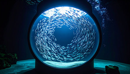A mesmerizing vortex of countless silver fish swirls in perfect unison within a giant, glowing circular aquarium. This captivating display of natural coordination and aquatic beauty creates a sense of wonder and tranquility, illustrating concepts of teamwork, flow, and the intricate patterns of the deep blue sea.の素材