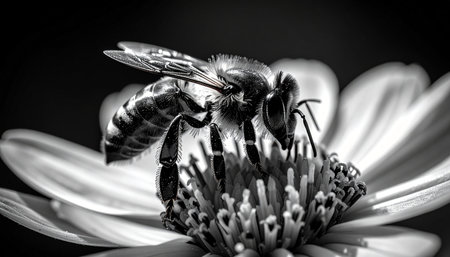 In a moment of intense focus, a honeybee diligently works amidst the intricate details of a flowers center. The dramatic black and white rendering highlights the textures of its wings and the delicate stamen, creating a timeless and elegant portrait of natures vital process.の素材