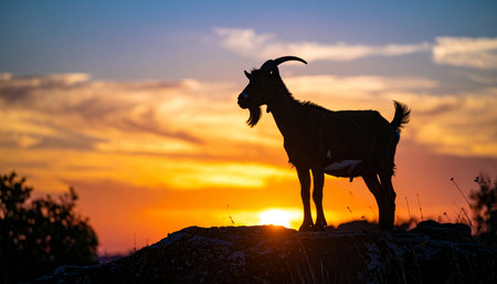 A majestic goat stands in silhouette on a hilltop, its proud form outlined against the vibrant colors of a fiery sunset. This peaceful scene evokes a sense of solitude, freedom, and the quiet beauty of nature at the end of the day.の素材