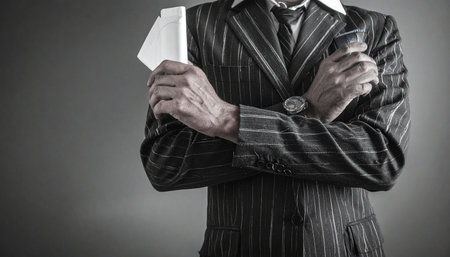 In the shadows, a sharply dressed figure in a classic pinstripe suit holds a stack of blank cards, a silent offer or a hidden challenge. This image evokes a sense of mystery, power, and high-stakes negotiation, perfect for concepts of business strategy or secrets.の素材