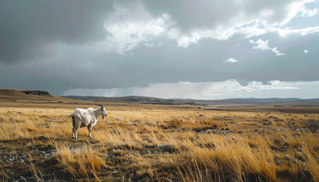 A solitary white horse stands resiliently against the wind on a vast, golden grassland. Above, dramatic storm clouds gather, creating a powerful and moody scene of untamed nature, freedom, and survival in the wild.の素材