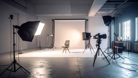 The quiet hum of the lights fills the empty studio, a stage set for creativity. With professional cameras and lighting perfectly positioned, the space waits in anticipation for the subject to arrive and the story to begin.の素材
