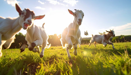 A joyful herd of young goats gallops enthusiastically across a lush green meadow, their playful energy captured in the warm glow of the setting sun. This low-angle shot emphasizes their freedom and happiness, creating a dynamic and heartwarming scene of rural life.の素材