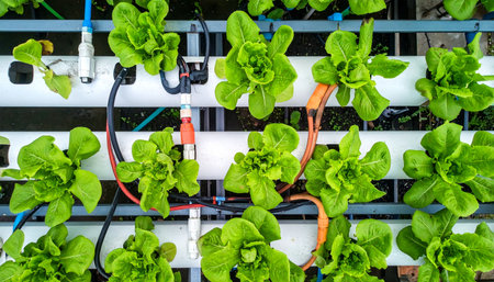 A top-down view captures the vibrant green lettuce thriving in a modern hydroponic system. This image represents the future of sustainable urban agriculture, where technology and nature work together to produce fresh, healthy food with efficiency and precision.の素材