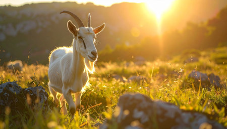 A majestic white goat stands peacefully in a lush, green pasture, its silhouette illuminated by the warm, golden rays of the setting sun. The tranquil scene captures the serene beauty of rural life and the simple harmony between animals and nature at the end of a perfect day.の素材