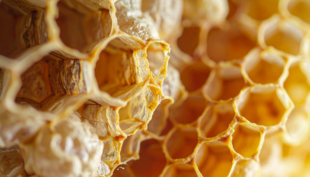 A detailed macro photograph captures the intricate, geometric perfection of a natural honeycomb. Golden light illuminates the waxy hexagonal cells, revealing the complex structure built by bees, a testament to natures architectural genius and the sweet promise of honey within.の素材