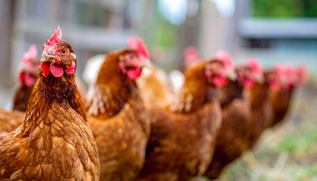 A line of curious brown hens stands at attention on a sustainable farm, their bright red combs a vibrant contrast to their earthy feathers. The lead hen looks directly at the camera, representing the flock with a sense of order and community in a free-range environment.の素材
