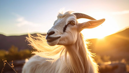 A majestic white goat stands proudly in a mountain meadow, its fur illuminated by the warm, golden light of the setting sun. The gentle breeze creates a serene and timeless portrait of rural life and natural beauty.の素材