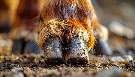 A detailed macro shot captures the rugged texture of a Highland cows cloven hooves firmly planted on the earthy ground. This image evokes a sense of stability, resilience, and a deep connection to the rustic, pastoral life of the farm.の素材