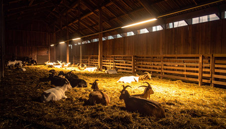 As darkness falls, a herd of goats settles down for the night inside a rustic wooden barn. The warm glow from overhead lights casts a serene and peaceful ambiance over the scene, highlighting the quiet contentment of farm life after a long day.の素材