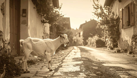 A sepia-toned photograph capturing a moment of quiet country life. A young goat pauses on a sun-drenched cobblestone street in a historic European village, its shadow stretching long in the afternoon light. This image evokes a sense of nostalgia, simplicity, and the timeless charm of rural living from a bygone era.の素材