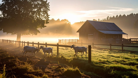 As the sun rises, its golden rays cut through the morning mist, illuminating a tranquil farm scene. Sheep graze peacefully in a dew-kissed pasture next to a rustic barn, heralding the start of a serene day in the countryside.の素材