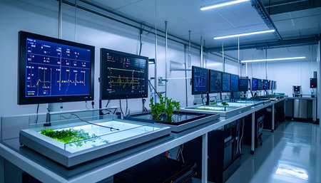 Inside a state-of-the-art biotechnology research facility, computer monitors display complex data streams, tracking the progress of plant science experiments. This clean, futuristic laboratory represents the forefront of innovation in agritech and sustainable solutions, where data-driven discovery leads to breakthroughs in growth and genetics.の素材