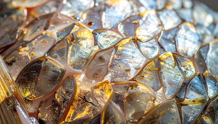 Sunlight catches the intricate layers of a natural surface, revealing a dazzling spectrum of iridescent colors. This close-up captures the opulent, shimmering beauty of nacre, creating a luxurious and mesmerizing abstract background.の素材