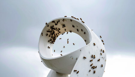 A stark white outdoor light fixture becomes an unintended gathering place for a massive swarm of flies, highlighting a significant pest problem against a clean, neutral background.の素材