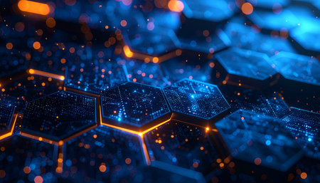 A close-up view of a futuristic hexagonal surface, where blue crystalline structures are interconnected by glowing orange energy lines. Luminous particles float above, suggesting a flow of data or power through a complex digital network. This abstract background evokes concepts of innovation, blockchain, and advanced science.の素材