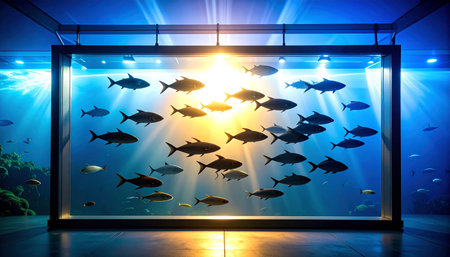 In a darkened hall, a magnificent aquarium glows with an ethereal blue light. Silhouettes of a fish school are illuminated from within, creating a mesmerizing and artistic display of marine life. The scene evokes a sense of wonder, tranquility, and the mysterious beauty of the deep ocean.の素材