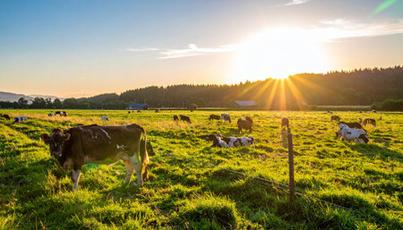 As the sun dips below the horizon, its golden rays cast a warm glow over a tranquil pasture. A herd of dairy cows grazes peacefully in the lush green field, embodying a serene and idyllic vision of sustainable farming and the simple beauty of rural life.の素材