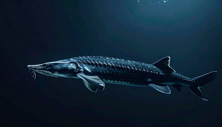 A majestic sturgeon, a living relic from a prehistoric era, glides silently through the deep, dark abyss. Bathed in a soft overhead light, its ancient, armored body moves with a slow, powerful grace, embodying the timeless mystery and solitude of the underwater world.の素材