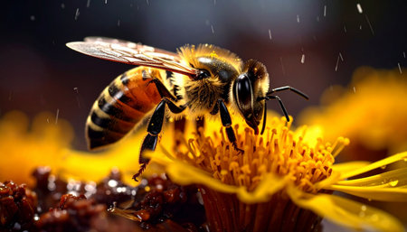 A detailed macro photograph captures a determined honey bee at work, gathering nectar from a vibrant yellow flower despite a gentle summer rain. The glistening water droplets add a sense of drama and highlight the resilience of natures essential pollinators.の素材