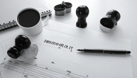 A stark, black and white scene captures a moment of official business. A memorandum lies on a clean desk, surrounded by vintage stamps, a pen, and a cup of coffee, suggesting a critical decision or the finalization of an important agreement. The atmosphere is one of serious, focused work and traditional bureaucracy.の素材