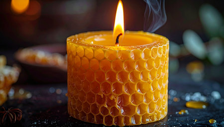 A single flame flickers atop a natural beeswax candle, its honeycomb texture glowing warmly in the dark. A gentle wisp of smoke rises, creating a serene and spiritual atmosphere perfect for meditation, relaxation, or a quiet moment of reflection.の素材
