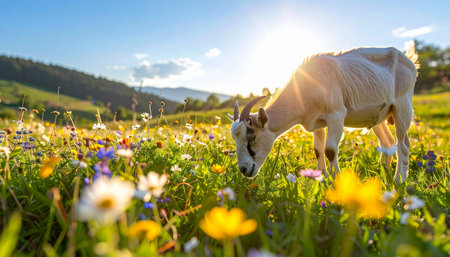 In the warm glow of the golden hour, a gentle goat grazes peacefully in a vibrant alpine meadow. Surrounded by a tapestry of colorful wildflowers, this idyllic scene captures the pure tranquility and simple beauty of life in the countryside.の素材