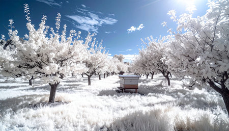 Step into an otherworldly landscape where a spring orchard is transformed by the magic of infrared photography. White blossoms and foliage glow under a dramatic blue sky, creating a surreal, snow-like effect. At the heart of this ethereal scene, a lone beehive stands as a testament to the vital work of pollination, a symbol of life and renewal in a dreamlike world.の素材