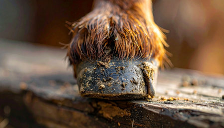 A detailed macro shot captures the weathered texture of a horses shod hoof resting on an old wooden beam. This image tells a story of a life of hard work on the farm, highlighting the strength and endurance of this powerful animal in a rustic, rural setting.の素材