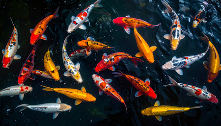 A stunning top-down view captures a vibrant school of koi fish as they gracefully swim through the dark, tranquil waters of a pond. Their brilliant orange, red, and yellow scales create a living mosaic of color and movement, symbolizing luck, prosperity, and the serene beauty of nature.の素材