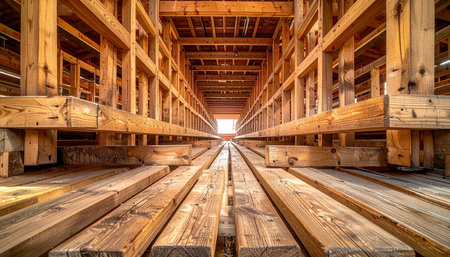 A low-angle view from within a vast wooden structure, where repeating beams and supports create a powerful one-point perspective. The warm light at the end of the tunnel draws the eye forward, symbolizing a journey, progress, and a clear path towards a future goal.の素材