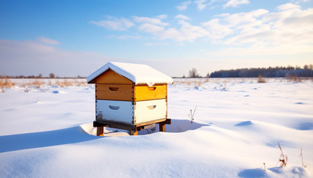 A lone beehive stands resiliently in a vast, snow-covered field under a clear winter sky. The scene evokes a sense of quiet dormancy and the patient wait for springs arrival, highlighting natures cycle of survival and stillness.の素材