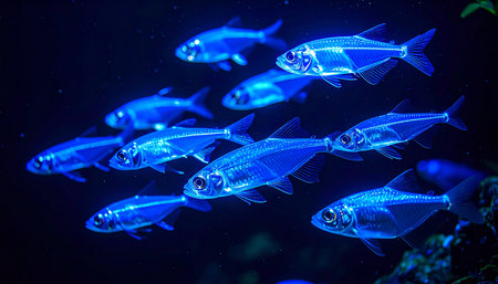 A school of ethereal blue fish glows with an inner light as they swim in perfect unison through the mysterious darkness of the deep water. Their bioluminescence creates a magical and serene spectacle, symbolizing teamwork and unity in the vast, unknown abyss.の素材