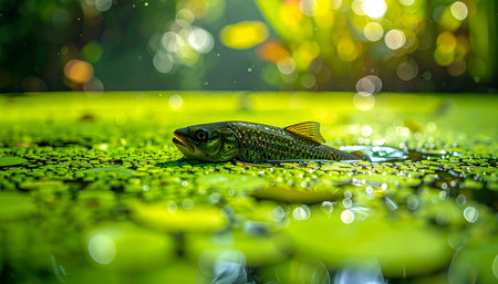 A small fish breaks the surface of a tranquil pond, its scales catching the dappled sunlight. Surrounded by a vibrant blanket of green duckweed, this moment captures the quiet, hidden life teeming just below the surface, a symbol of natures delicate balance and serene beauty.の素材