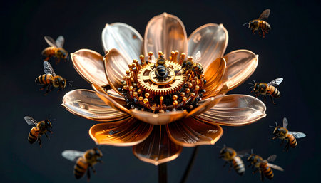 A swarm of bees gathers around the intricate, gear-filled center of a metallic copper flower. This surreal scene captures a futuristic symbiosis between nature and machine, symbolizing concepts of technological innovation, industrial ecosystems, and the powerful attraction of artificial life.の素材