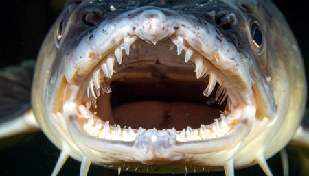 From the dark depths, a river monster emerges. This extreme close-up showcases the terrifying jaws of a predatory fish, a perfect dental display of natures ferocity. It evokes a sense of primal fear and the unseen dangers lurking in the aquatic world.の素材