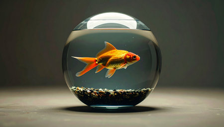 A single, vibrant goldfish gracefully navigates its minimalist world within a glass bowl. Bathed in a soft spotlight against a dark background, this image evokes feelings of solitude, contemplation, and quiet beauty.の素材