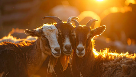 A trio of friendly goats huddle together, their faces illuminated by the warm, golden glow of a beautiful sunset. This heartwarming scene captures a moment of peace and companionship in a rustic, rural setting, evoking feelings of tranquility and the simple joys of farm life.の素材
