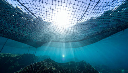 From the depths of the ocean, powerful sunbeams pierce the blue water, filtered through the grid of a large net. This powerful image captures the intersection of nature and human industry, evoking themes of aquaculture, marine conservation, and the hidden structures beneath the waves.の素材