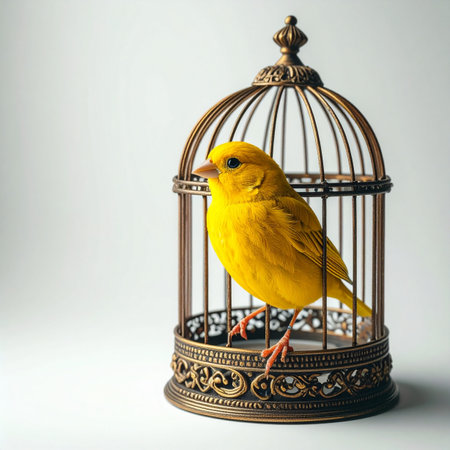 A vibrant yellow canary sits quietly on its perch inside an elegant, antique birdcage. This poignant scene serves as a powerful metaphor for feeling trapped by beautiful circumstances, exploring themes of confinement, loneliness, and the longing for freedom amidst luxury.の素材