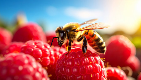 A detailed macro shot captures a honey bee pausing on a pile of vibrant, sun-ripened raspberries. Bathed in the warm glow of a summer afternoon, this image illustrates the delicate harmony of natures ecosystem, from pollination to the sweet rewards of the harvest.の素材